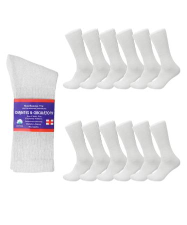 Diamond Star Diabetic Socks  Non-Binding Circulatory Cushion Cotton Crew Diabetic Socks for Men Women 10-13 12 Pairs White