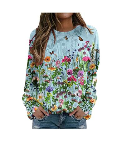 Fall Sweatshirts for Women Casual Crewneck Long Sleeve Tops Plus Size Floral Shirts Loose Comfortable Blouses X-Large 02 Sky Blue