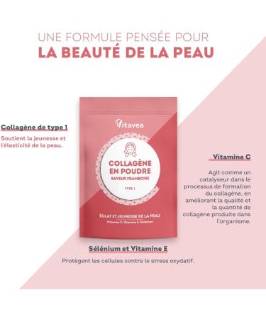 Collagen Powder Raspberry Flavor - 6800mg per day - Hydrolyzed Peptides Types 1 - 2000 Da - Radiance & Youthful Skin - Highly Bioavailable - Made in France - Vitavea - Buy Online on GoSupps.com