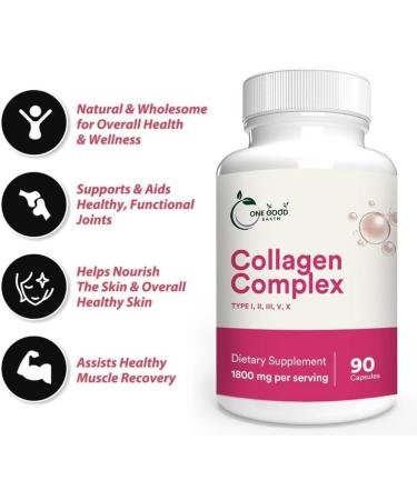 One Good Earth Collagen Complex Bovine Peptides Type I II III V X (90 Count) 1800mg with Vitamin C Zinc Copper and Magnese. - Buy Online on GoSupps.com