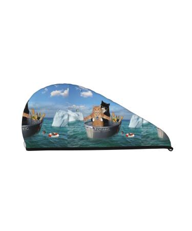 Hair Towel Wrap Hair Drying Towel with Button Towel Turban Head Towel to Dry Hair Quickly (Two Brave Cats are Floating On The Sea Iceberg)
