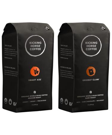 Kicking Horse Coffee Smart Ass Medium Roast Whole Bean 1 lb - Certified Organic Fairtrade Kosher Coffee & Grizzly Claw Dark Roast Whole Bean 1 lb - Certified Organic Fairtrade Kosher Coffee