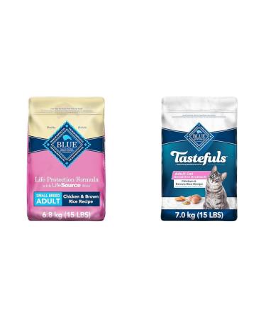 Blue Buffalo Life Protection Formula Small Breed Dog Food Natural Dry Dog Food for Adult Dogs & Sensitive Stomach Natural Adult Dry Cat Food Chicken and Brown Rice 6.8kg Bag