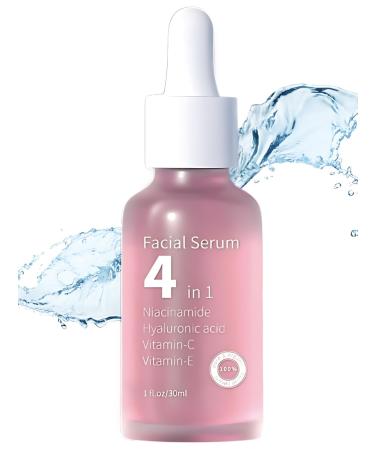 4-in-1 Premium Facial Serum with Vitamin C Hyaluronic Acid Niacinamide Vitamin E for Dark Spots Anti-Aging Hydration Fine Lines Wrinkles Acne Marks 1oz