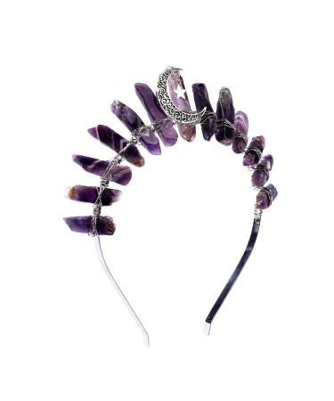 Purple Amethyst Moon Crystal Crown Headband Raw Quartz Tiara Witch Bride Headpiece Women Girls for Wiccan Cosplay Wedding Parties Photography by Bubbmi