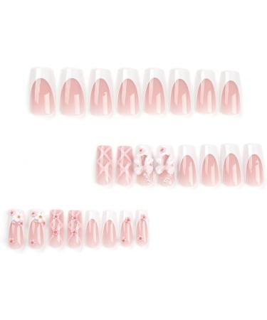 TQUXNGA Press on Nails Medium Long Craft False Nails Square 3D Flower Bowknot French Artificial Nails Finger Manicure Kit included - Buy Online on GoSupps.com