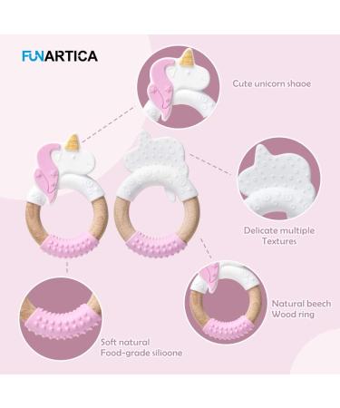 Organic Silicone & Beech Wood Unicorn Teether Ring for Baby | Pink-1 pack - Buy Online on GoSupps.com