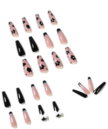 French Tip Press on Nails - Long T Press On Nails with Nail Tips White Bowkot and Black flower with white pearl design Black false nails press on nails Acrylic False Nails Cute Artificial Nails - Buy Online on GoSupps.com