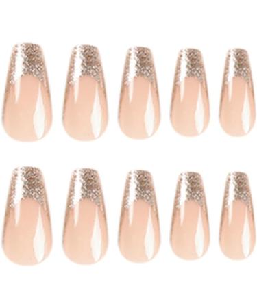 24pcs Long Coffin Glitter Gold Tip Stick on Nails - French Nude Press on Nails for Women & Girls - Removable & Fake Nail Art Accessories | 0252Y89 - Buy Online on GoSupps.com