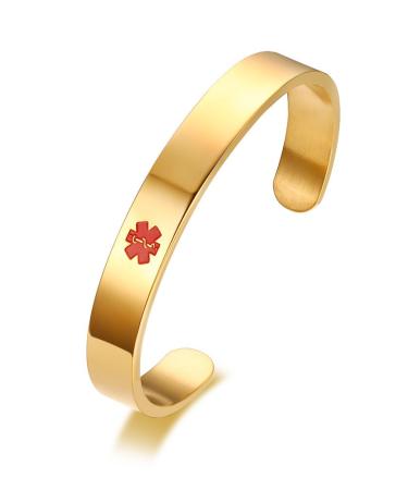 VNOX Personalized Medical Bracelet Medical Condition Alert ID Stainless Steel Cuff Bangle,Black/Silver/Gold Plated Gold Plated-10MM,8.0 Inches **custom engraving**