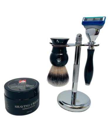 G.B.S 4 Piece Shaving Set 5 Blade Cartridge Compatible Black Handle Razor Black Shaving Brush Synthetic Shave Razor and Brush Stand Sandalwood Shaving Cream Grooming Kit for Men