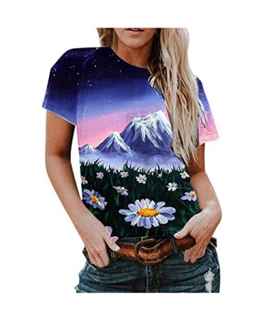 Shirts for Women Cotton Custom Shirt Short Sleeve Crew Neck Womens Fashion Design T Shirts Blouses Women's Tshirts Purple X-Large