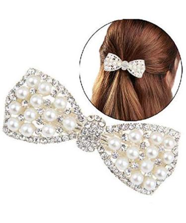 DNHCLL Pearl Bow Hairpin Set With Drill Water Drill Cross Pin Headdress Ponytail Clip for Womens(Silver)