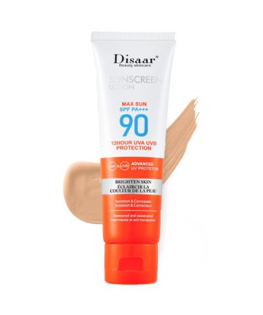 Tinted Sunscreen - SPF 90 All-In-One Face Sunscreen and Foundation with Ultra-Light Fluid Broad Spectrum Face Sunscreen with Vitamin E&Niacinamide Oil-Free Against UVA and UVB (1PC)