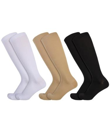 Opopark 3 Pairs Compression Socks for Women & Men Medical Circulation 20-30 mmhg Flight Socks Knee High Compression Stockings for Athletic Nurse Running Travel L/XL Multicolour