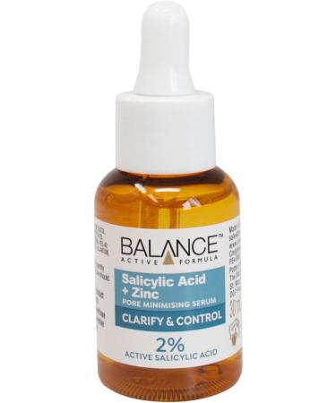 Balance Active Formula Salicylic Acid and Zinc Pore Minimising Serum - Lightweight Oil-Free Reduces Blemishes Pores & Blackheads Clarifies Skin 2% Salicylic Acid Zinc - 30ml - Buy Online on GoSupps.com