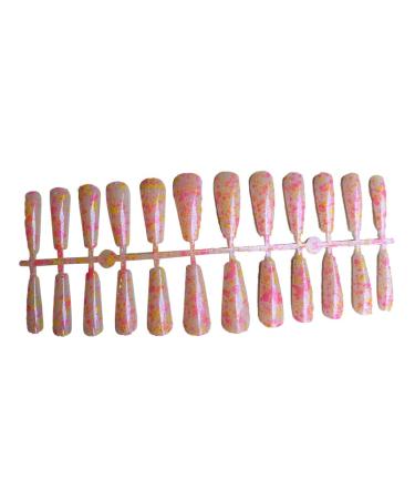 dijiusidy 24 Pieces Nails T Shape Extra Long Full Wrap False Nail Tips Women Decor Fingernail Supply Manicure Accessory pink yellow print