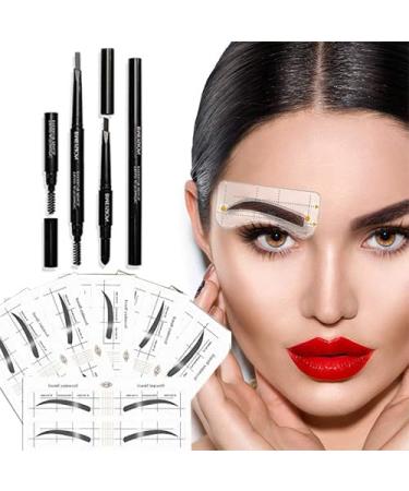 Eyebrow Stencils SET with 36 Pairs Eyebrows Shape Stickers Reusable for Women. Also 3-in-1 Black Eyebrow Pencil that includes Powder & Brush. Easy Eyebrow Grooming & Styling