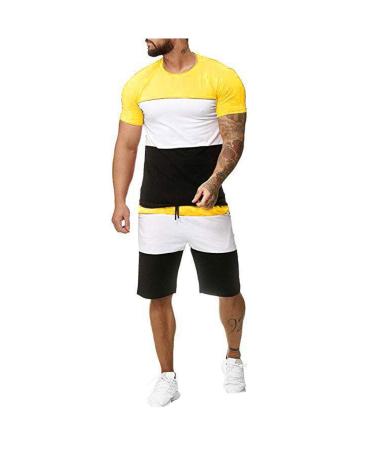 2022 Mens Sport Set Summer Outfit 2 Piece Set Short Sleeve T Shirts and Shorts Stylish Casual Sweatsuit Set #01yellow 4X-Large