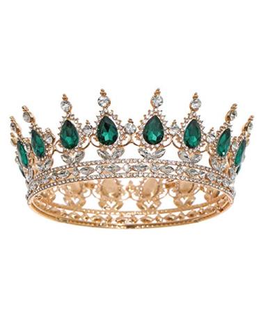 FORSEVEN Queen Crown Rhinestone Wedding Crowns and Tiaras for Women Costume Party Hair Accessories Princess Birthday Crown Crystal Bridal Crown Gold+Green