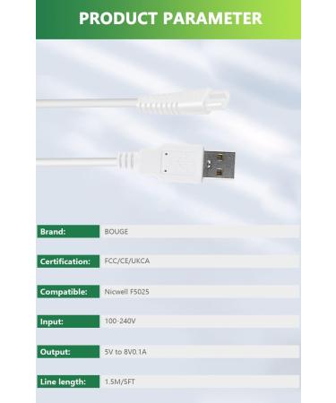 Nicwell F5025 Water Flosser Charger Cable - Replacement Power Supply Adapter Cord for Cordless Portable Dental Flosser - White - Buy Online on GoSupps.com