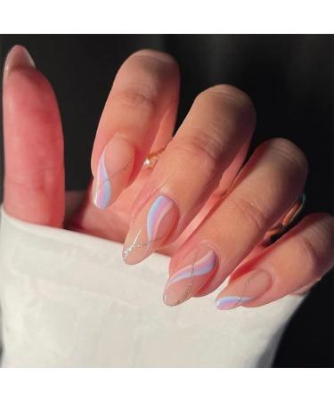 Sethexy swirl artificial tonsiling brief French artificial nails abstractly wrong nails shiny 24 pieces acrylic nails to stick on for women and girls more colorful vertebrae