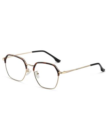 SERONI Polygon Metal Frame Blue Light Blocking Glasses for Women Men Anti UV Ray Computer Reading Glasses for Women Men Glod-tortoise 55 Millimeters