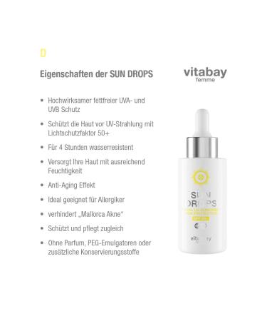 VITABAY Sun Drops Face LSF 50 - Waterproof SPF 50 Sunscreen Anti-Aging UV Protection - 40ml Sunfluid for All Skin Types - Buy Online on GoSupps.com