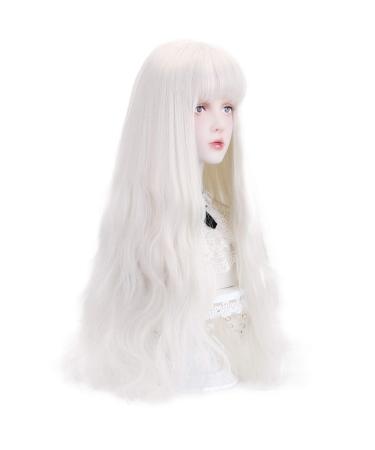 Long White Synthetic Wig with Bangs - Natural Long Wavy Cosplay Wigs for Women Halloween Christmas 30" (White)