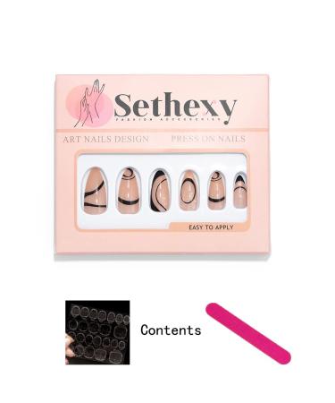 Sethexy Almond Shape False Nails 24st Swirl Acrylic Press-On Nails for Women & Girls in Black - Buy Online on GoSupps.com