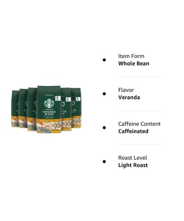 Starbucks Veranda Blend Whole Bean Coffee 12oz - Pack of 6 | 100% Arabica Beans - Buy Online on GoSupps.com