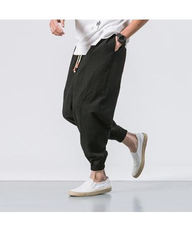 Men's Solid Cotton Trousers with Pockets | Elastic Waist & Leisure Pants | Sizes Up to XXXL in Black - Buy Online on GoSupps.com
