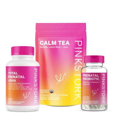Pink Stork Pregnancy Bundle: Prenatal Vitamin with DHA & Folate Prenatal Probiotics for Pregnant Women Melatonin-Free Sleep Tea Pregnancy Must Haves Iron Vitamin D Vitamin C Zinc Women Owned