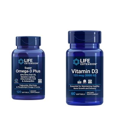 Life Extension Super Omega-3 Plus EPA/DHA Fish Oil Sesame Lignans & Vitamin D3 125 mcg (5000 IU) Bone Health Brain Performance