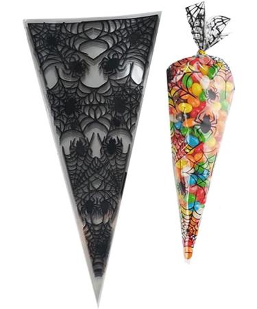 VDL Pack of 25 Halloween Sweet Cones 17x33cm Spiderweb Themed Clear Treat Bags with Twist Ties - Buy Online on GoSupps.com