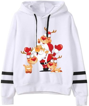 Bigfanshu Women's Tops Christmas Printing Stripe Round Collar Long Sleeves Sweater White - Buy Online on GoSupps.com