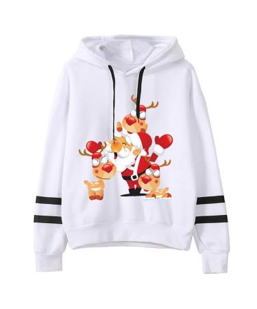 Bigfanshu Women's Tops Christmas Printing Stripe Round Collar Long Sleeves Sweater White