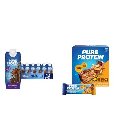 Pure Protein Chocolate Protein Shake & Bars High Protein Nutritious Snacks to Support Energy Low Sugar Gluten Free Chocolate Peanut Butter 1.76oz 12 Count (Packaging May Vary)