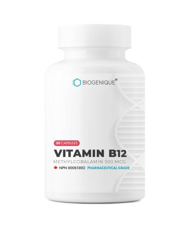 Biogenique Vitamin B12 - as Methylcobalamin Supports Energy Metabolism Nervous System Health Blood Cell Function and Methylation - 30 capsules Vitamin B12 Pharmaceutical grade Vegan Made in Canada