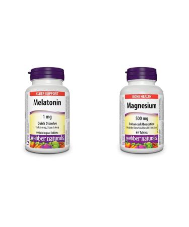 Webber Naturals Melatonin 1 mg 90 Quick Dissolve Tablets For Sleep Support Vegetarian & Magnesium 500 mg 60 Tablets Enhanced Absorption Mineral Supports Bone and Muscle Functions Vegan Tablets + Magnesium 500 mg