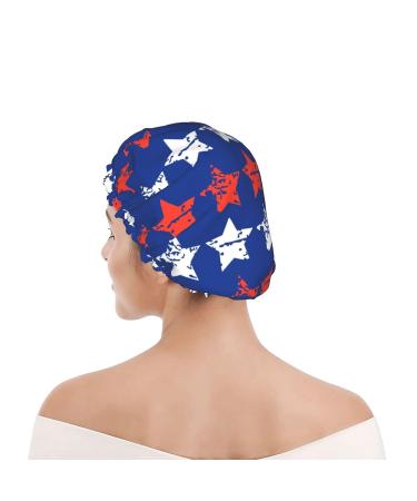 Adjustable Double Layer Waterproof Shower Cap for Women | White Red Star Blue Design | Hair Protection for Spa Salon | Reusable - Buy Online on GoSupps.com