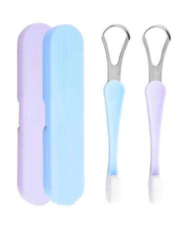 Tongue Scraper & Tongue Brush Set Tongue Cleaner with Travel Case for Adults & Kids Oral Care Hygiene Essentials (2pcs Blue+Purple) 2pcs Blue+purple