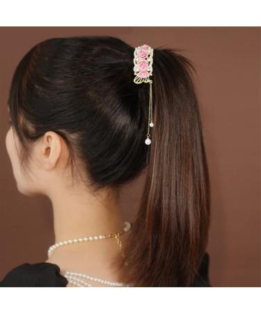 3 Pcs Rose Flower Tassel Ponytail Hair Clips | Vintage High Ponytail Hair Barrettes with Pearl Rhinestone Metal | Chinese Decorative Accessories for Bride Women Girls - Buy Online on GoSupps.com