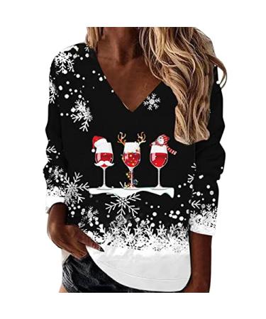 Lightweight Sweatshirt for Women Loose Fit V Neck Pullover Christmas Print Long Sleeve Top Jersey Snowman Tree Casual Crew I48-wine Small