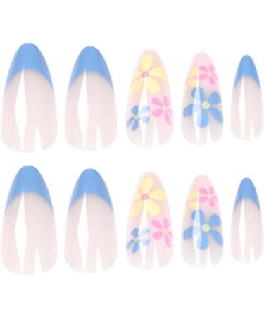 JUSTOTRY 24 Pcs Almond Fake Nails Short: Light Blue & Flower Design French False Nails for Women - Buy Online on GoSupps.com
