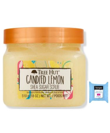 T H Tree Hut Shea Sugar Body Scrub Candied Lemon 18oz  With Single Fragrance-Free Makeup Remover Cleansing Towelettes