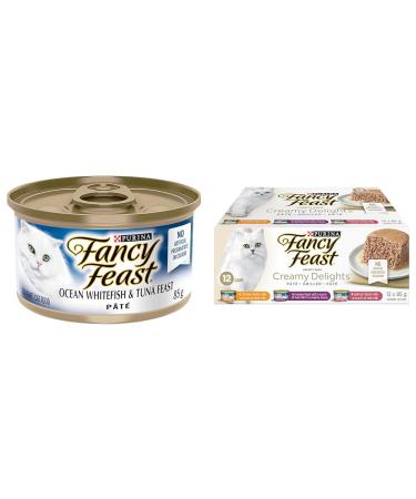 Fancy Feast Wet Cat Food Pate Ocean Whitefish & Tuna Feast - 85 g Can (24 Pack) & Delights Wet Cat Food Variety Pack 3 Flavours - 85 g Can (12 Pack) Cat Food + Creamy Delights Cat Food