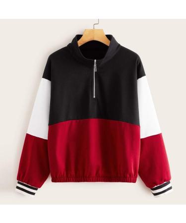 Bigfanshu Womens Tops Long Sleeve Zip Front Half Placket Cut and Sew Sweatshirt Pullover Hoodie Black - Buy Online on GoSupps.com