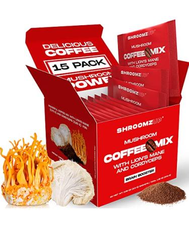 Shroomzup Mushroom Coffee Instant (15 Pack) - Lion's Mane and Cordyceps - Superfood Coffee for Keto, Vegan, Paleo - Arabica and Robusta Instant Coffee Packets Ground Powder Brain Focus, Productivity