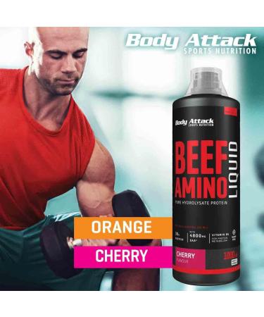 Body Attack Beef Amino Cherry 1000ml - Liquid Protein Source with 30g Protein 4800mg EAA & 2100mg BCAA - Made in Germany - Fruity & Delicious - Buy Online on GoSupps.com